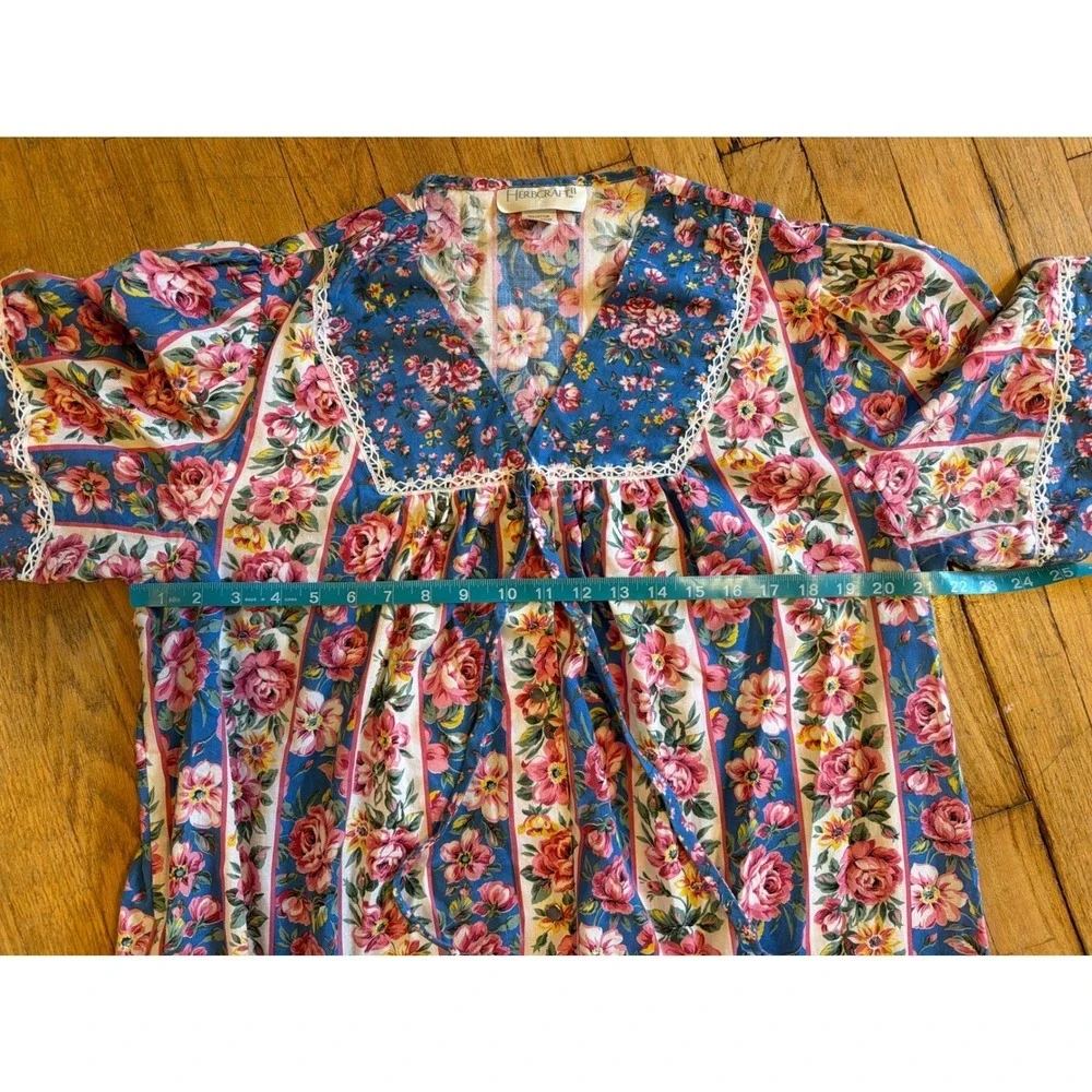 Vintage House Dress Floral Stripe Duster Herbcraft II Blue Pink Snap Front Med